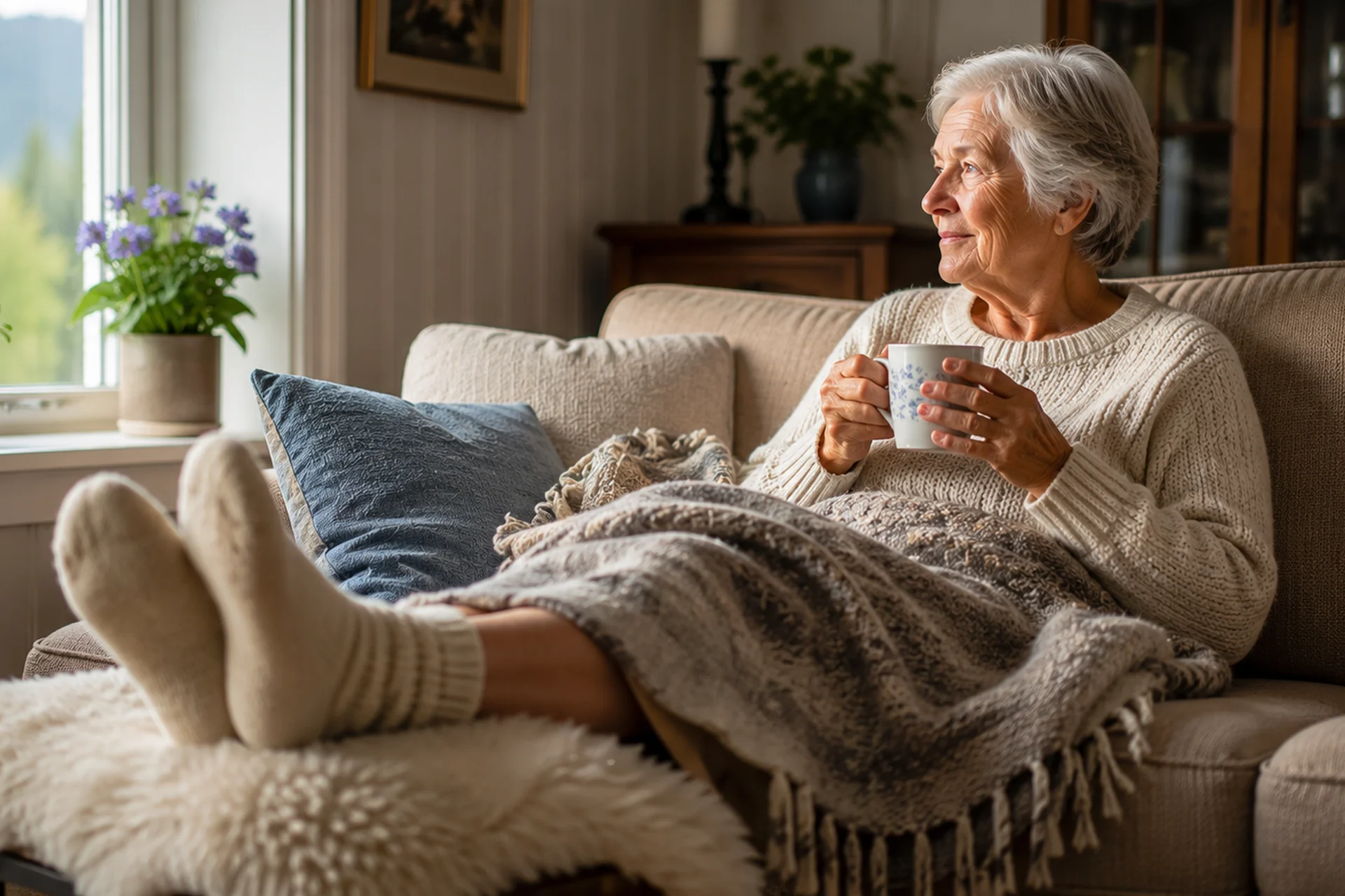 Person som hviler beina på en pall hjemme i sofaen