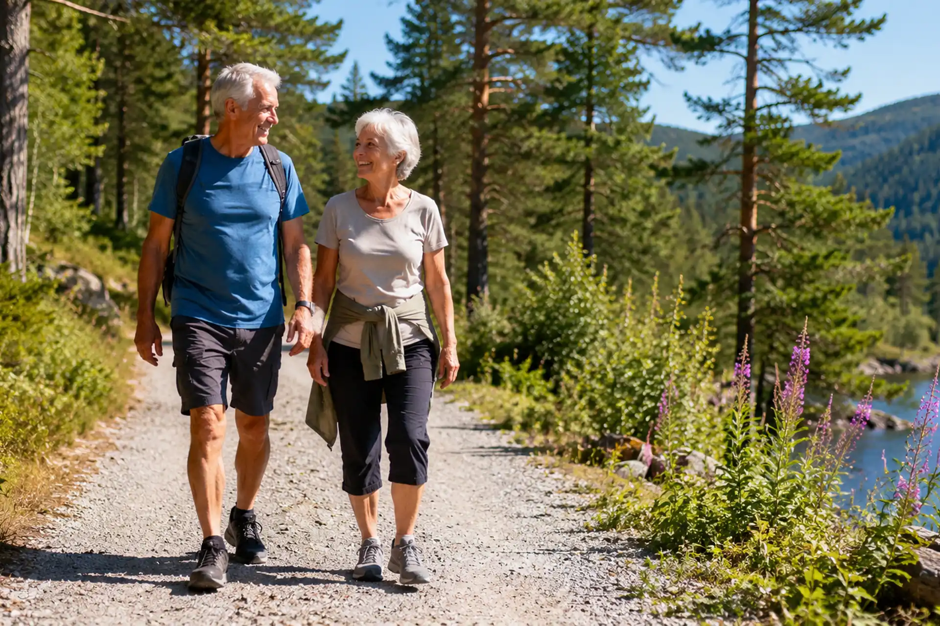 Eldre par på rolig tur i norsk natur