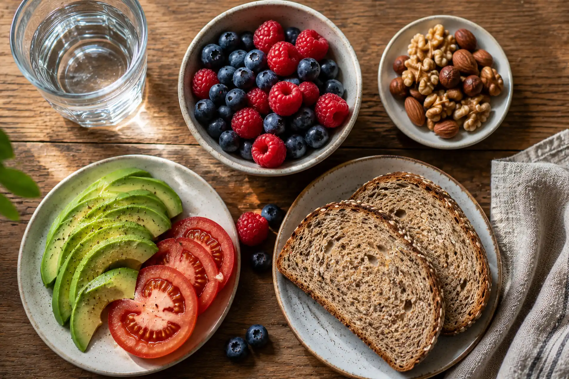 Sunn frokost med bær, fullkornsbrød, avokado og nøtter