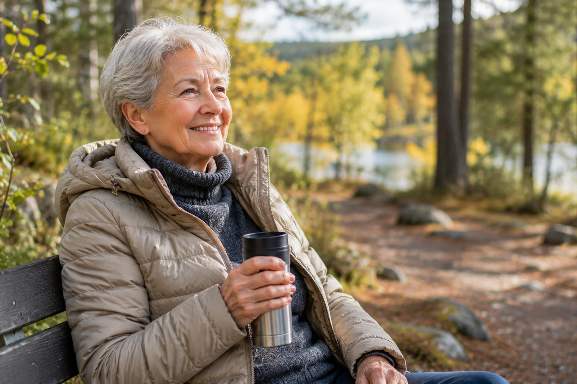 Friluftspause på benk med termos i norsk natur