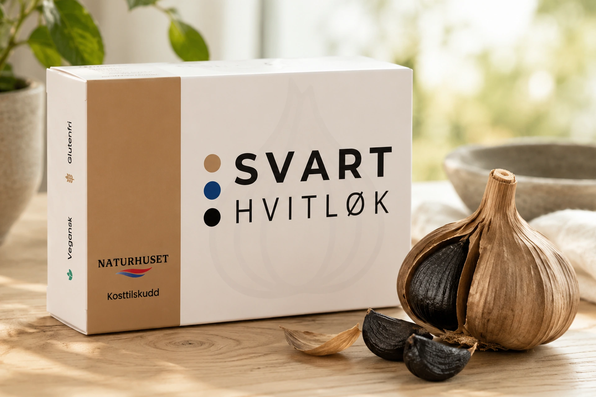 Svart Hvitløk-pakken med en hel svart hvitløkknoll ved siden av