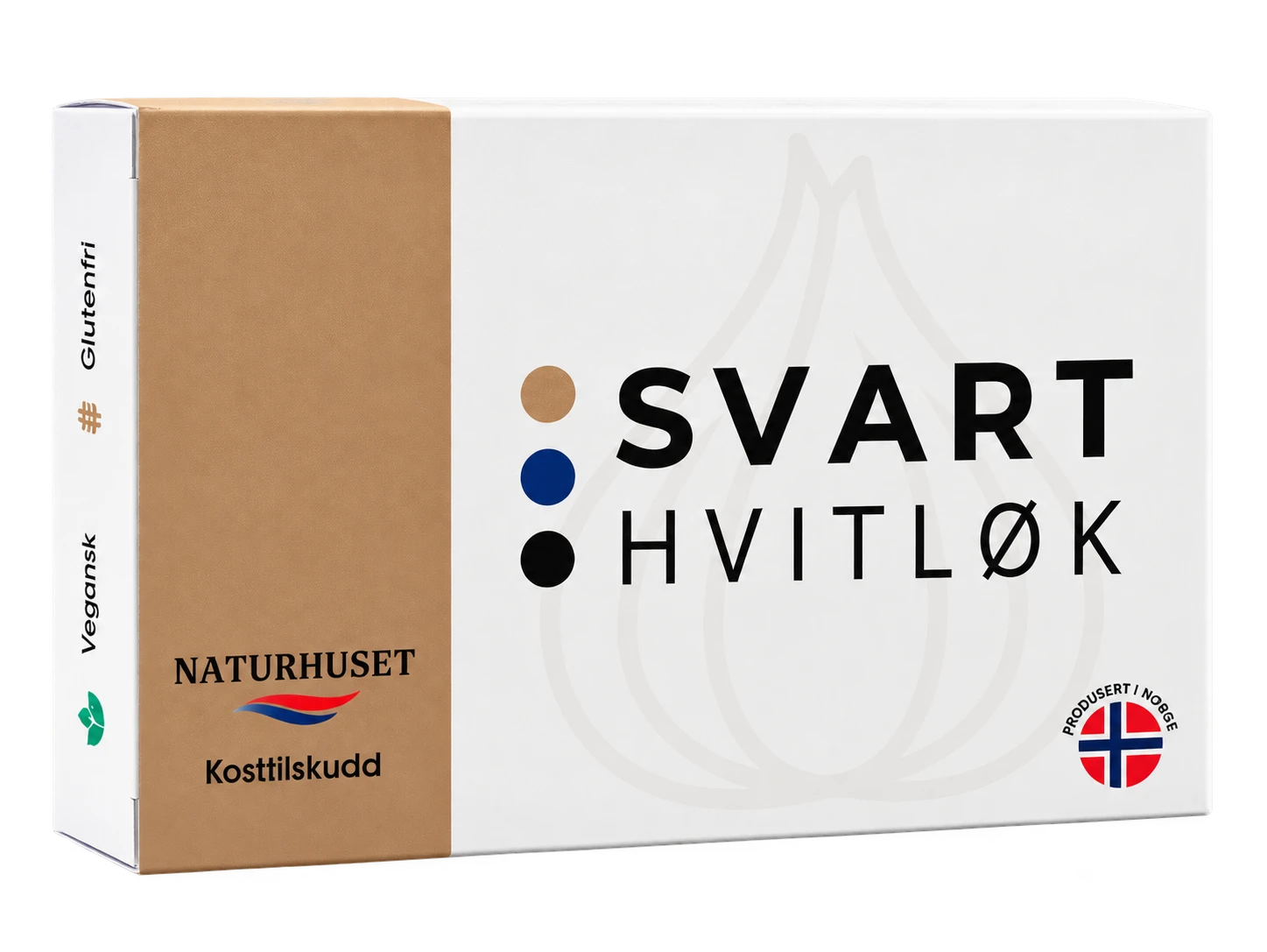 Eske med Svart Hvitløk kosttilskudd fra Naturhuset, produsert i Norge, glutenfri og vegansk, frilagt mot gjennomsiktig bakgrunn